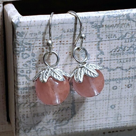 Artsy Leaf Capped Cherry Quartz Gemstone Dangle Silver Platinum Plated Earrings - Picture 2 of 11